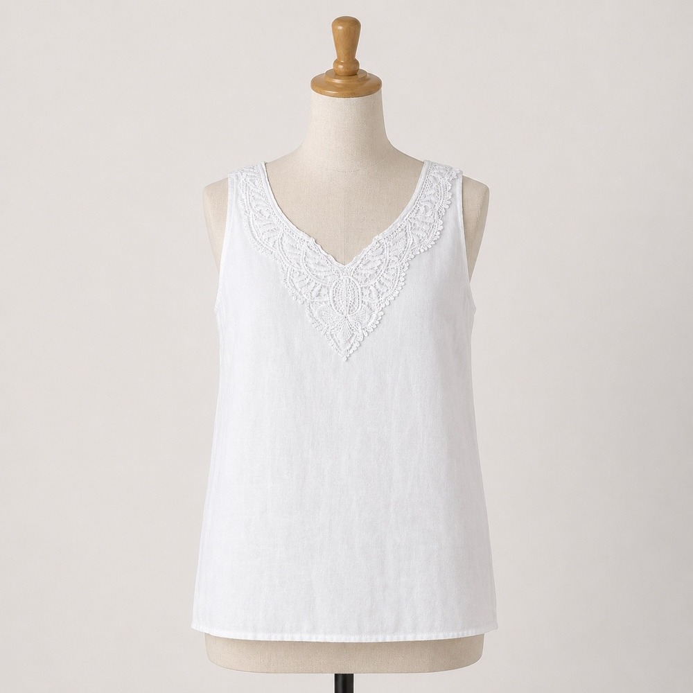 Viola Borghi Linen Tank Top Womens Small White Coastal Lace V-Neck Made In Italy